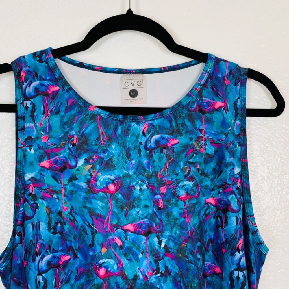 CVG Blue Flamingo Print Dress Womens M/L Ruched Sides Athletic Beachy Resort - Picture 2 of 13